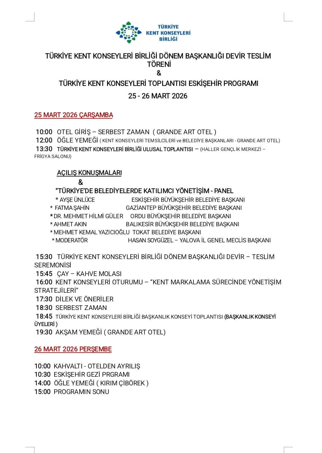 TÜRKİYE KENT KONSEYLERİ BİRLİĞİ DÖNEM BAŞKANLIĞI DEVİR TESLİM TÖRENİ